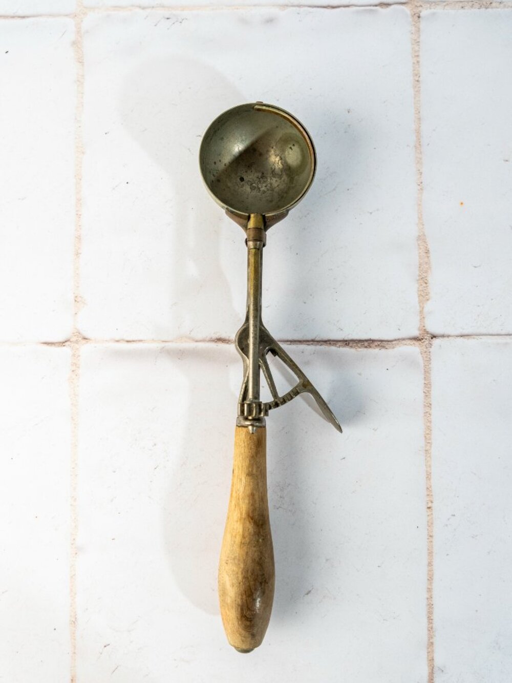 Antique Tarnished Metal with Wood Handel Ice Cream Scoop